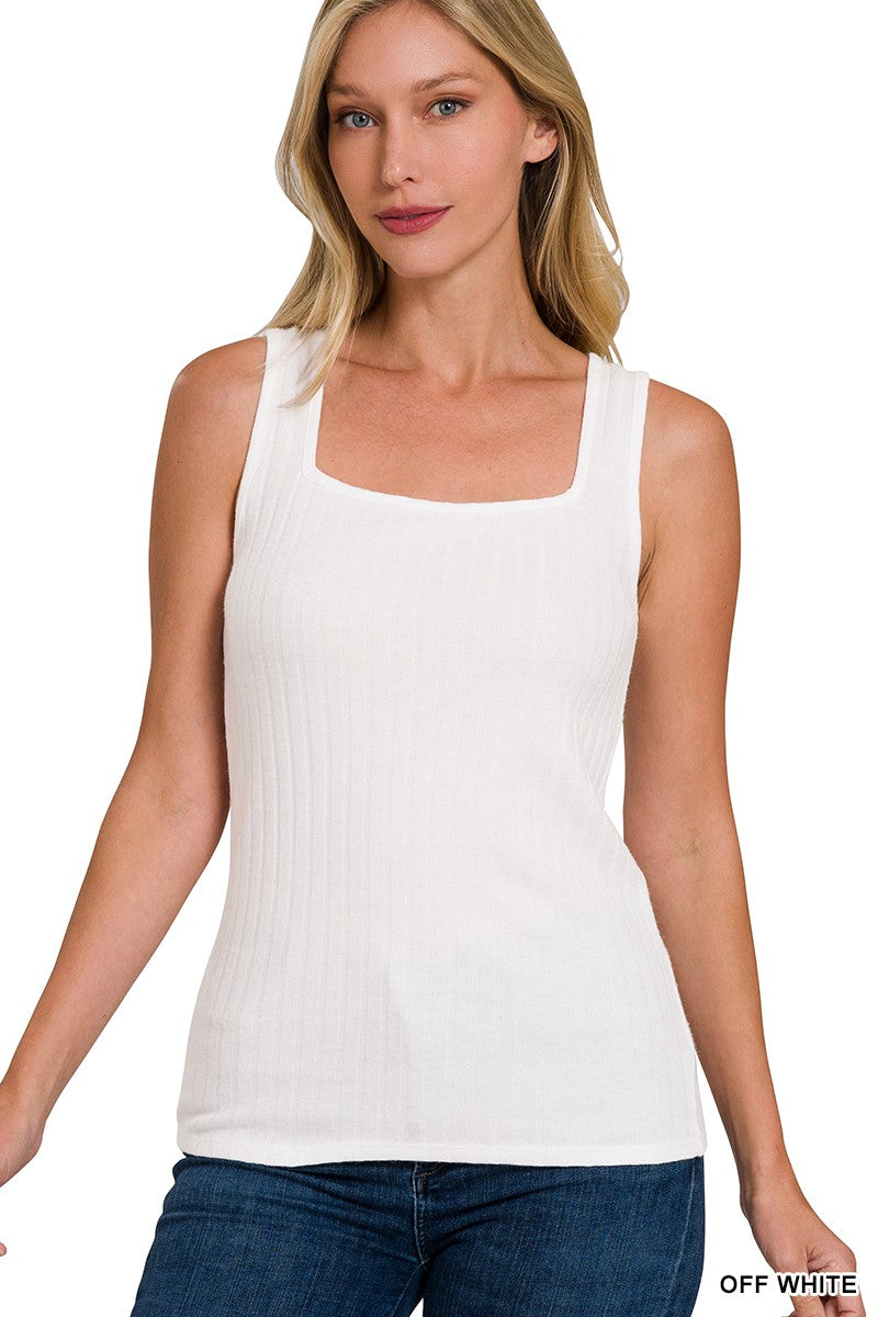 Ribbed Square Neck Sleeveless Top - Off White