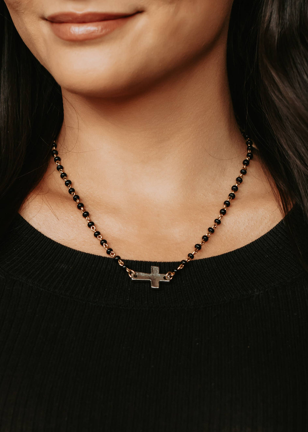Black Beaded Chain with Silver Cross Pendant