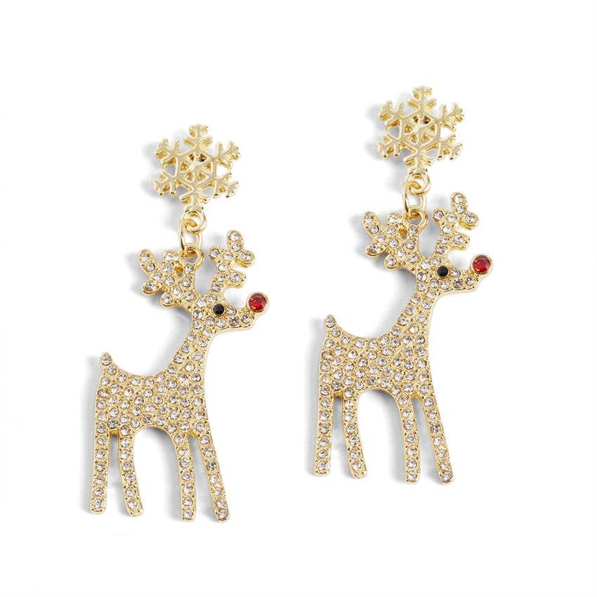 Holiday Rudolph Reindeer Christmas Earrings: Gold