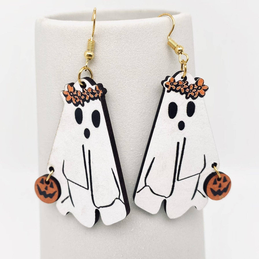 Halloween Double-Sided Wreath Ghost Pumpkin Wooden Earrings