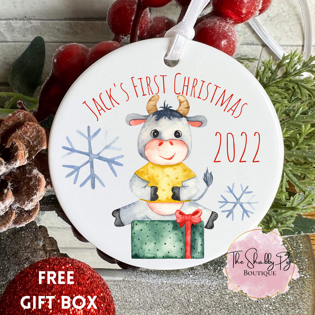 Childs First Christmas Ornament with Name | Bull