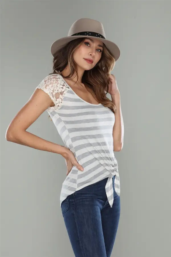 Grey Striped Top with Lace Cap Sleeves